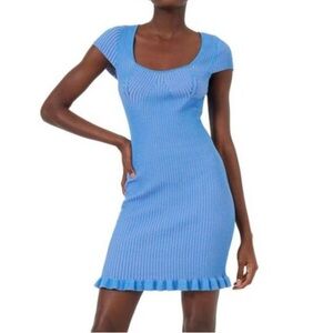 French Connection Vibrant Blue Mini Dress Mathilda Ribbed Ruffle Hem Stretch Fit